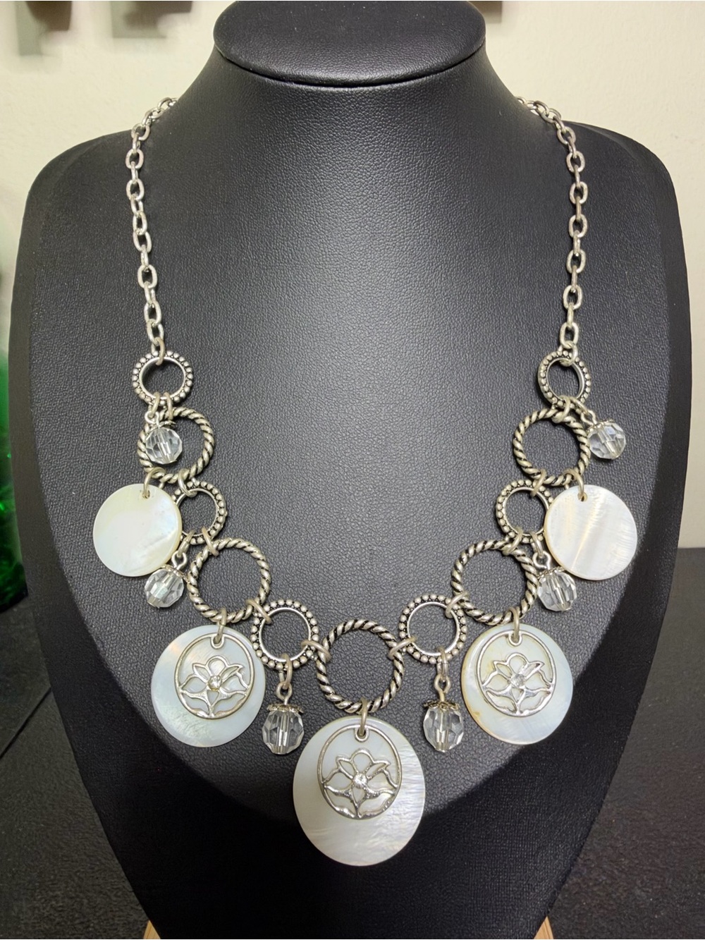 Avon Silver-Tone Mother-of-Pearl Disk Necklace with Crystal Drops
